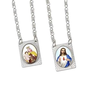 Imagem de Colar escapulário católico I sagrado coração de Jesus e Nossa Senhora do Monte Carmelo Medalhas I Aço inoxidável Escapular para Mulheres e Homens - 35,5 cm I escapularios catolicos I colar religioso católico, epóxi,