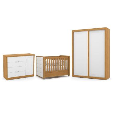 Imagem de Dormitório Tutto New 2 Portas, Cômoda 1 Porta e Berço com Capitonê - Matic Móveis Freijó/Branco Soft