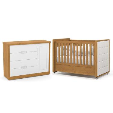 Imagem de Jogo de Quarto Infantil Tutto New Cômoda 1 Porta e Berço com Capitonê - Matic Móveis Freijó/Branco Soft