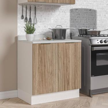 Imagem de Balcão 2 Portas 80Cm Com Tampo Com Rodapé Puxador 150Mm Ipanema Acácia/Branco