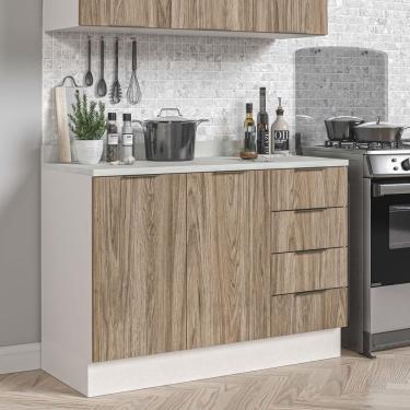 Imagem de Balcão Pia 120Cm Com Tampo Com Rodapé Puxador 150Mm Ipanema Acácia/Branco