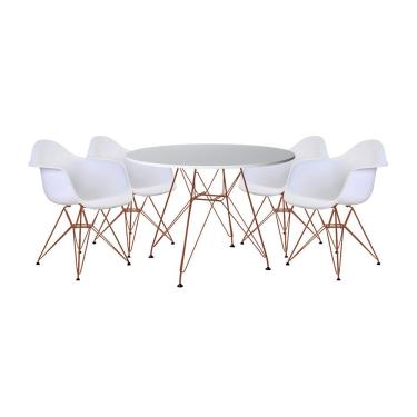 Imagem de Mesa De Jantar Redonda 90Cm Branca Com 4 Poltronas Brancas Ferro Cobre Cor: Preto