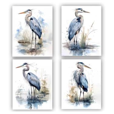 Imagem de ZOQIPQO Impressão Artística De Garça Em Aquarela, Parede Azul Tela, Arte Tela Guindaste Com Junco, Tema Pássaro Galápagos Para Decoração Verão, Jardim E Fazenda, 4 Peças (20,4 Cm X 25,4 Sem Moldura)