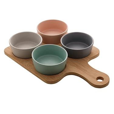 Imagem de LYOR - Conjunto de Petisqueira com Bandeja de Bambu e 4 Potes de Cerâmica 21cm x 32cm