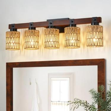 Imagem de Aixialin Luminárias De Banheiro Estilo Fazenda Com 5 Luzes, Arandela Madeira Rústico, Abajur Vime Boho Feito À Mão Em Bambu