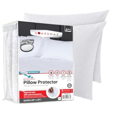 Imagem de Guardmax Protetor De Travesseiro Terry Cotton Com Zíper, Tamanho Queen - Pacote 4 Unidades. Capas 100% À Prova D'Água, Antipercevejos, Antiácaros E Hipoalergênicas. Premium Zíper (20 X 30).