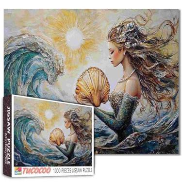Imagem de Quebra-cabeça 1000 peças para adultos, famílias (menina, pérola, pôr do sol, concha, onda, mulher, mar) peças se encaixam perfeitamente 19,7 x 27,6 polegadas cabelo encaracolado menina presente