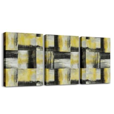 Imagem de Erosebridal Decoração de parede geométrica abstrata em tela para quarto amarelo preto cinza quadriculado arte de parede para sala de estar, imagens de pintura a óleo, impressões modernas da moda arte