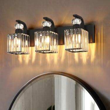 Imagem de Vikdio Luminária De Penteadeira Preta Com 3 Luzes, Acessórios Modernos Para Banheiro Sobre O Espelho, Cristal 20,5" Lâmpadas Led Entrada Do Quarto