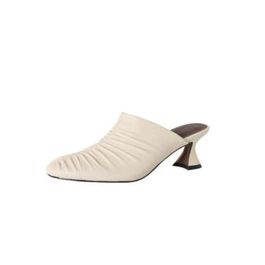 Imagem de TinaCus Sandálias femininas feitas à mão de couro genuíno fechado bico redondo salto frente única, Bege, 35