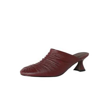 Imagem de TinaCus Sandálias femininas feitas à mão de couro genuíno fechado bico redondo salto frente única, Borgonha, 36