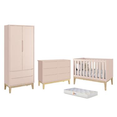 Imagem de Dormitório Completo Infantil Classic 2 Portas, Cômoda 6 Gavetas, Berço com Pés Madeira Natural e Colchão D18 - Reller Móveis Rosa Fosco