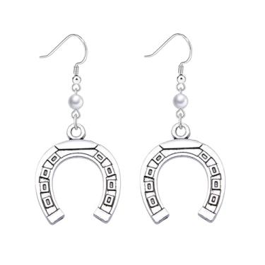 Imagem de Dreuyet Wrangler Brincos de pérola ocidental rústica Couture brincos em forma de ferradura em forma de U brincos pendentes country concho brincos chapéu bota brincos declaração joias para mulheres,