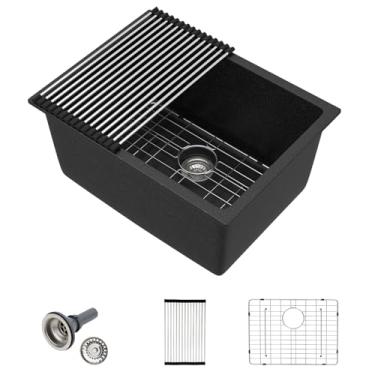 Imagem de Pia de cozinha composta de granito preto de 61 cm, pia de lavanderia de 30,5 cm de profundidade, tigela única, pedra de quartzo, boa aparência, estilo fazenda