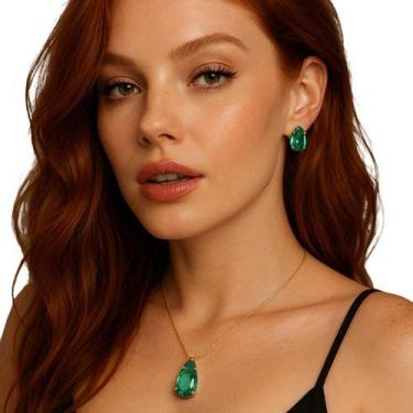 Imagem de Colar Esmeralda Brinco Feminino Verde Cristal Banhado A Ouro - Bellavi