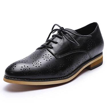 Imagem de Mona flying Sapato feminino de couro Oxford Brogue Derby com cadarço, Preto, 35