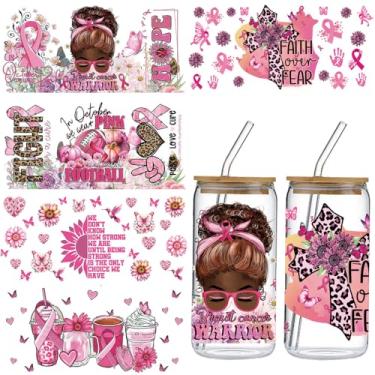 Imagem de 5 folhas de conscientização do câncer de mama UV DTF Cup Wraps fita rosa esfregar em adesivos de transferência borboleta cruz girassol desenhos Uvdtf filme de transferência decalques para copos de
