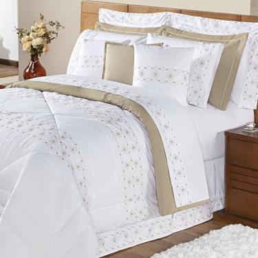Imagem de Kit Edredom Damasco Queen 11 Peças 100% Poliéster 200 Fios - Branco/Bege