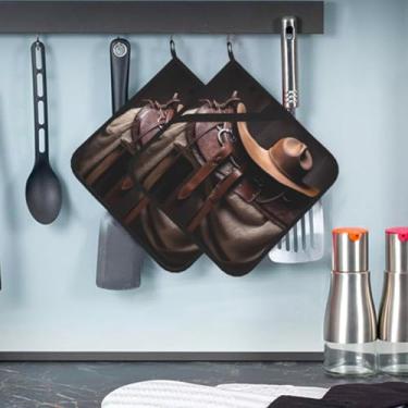Imagem de Selim de cavalo com um chapéu de caubói, porta-panelas selvagens, pacote com 2, pegador de panela resistente ao calor com bolso, almofadas quentes, luvas de forno laváveis, almofadas de cozinha