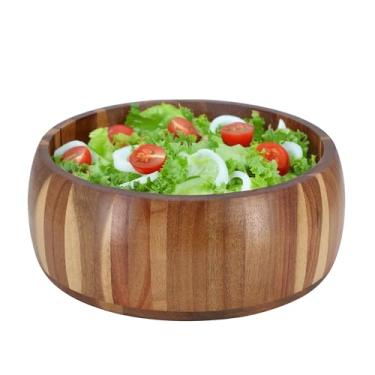 Imagem de Elama Tigela de salada de madeira de acácia lateral arredondada de 24 cm, tigela grande de madeira rústica, tigela de madeira de acácia ecológica (24 x 10 cm redonda)