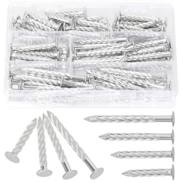 Imagem de Rustark 100 peças, 4 tamanhos, unhas de cimento, kit sortido de unhas, unhas torcidas antiafrouxamento, pinos de parede de concreto para paredes de cimento para marcenaria