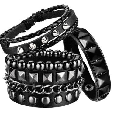 Imagem de Ulekuke 4 pulseiras de couro punk rock cravejadas para homens e mulheres 80 conjunto de pulseiras góticas com espigões acessórios emo para roupas de roqueiro, One size, Couro Couro sintético, Sem