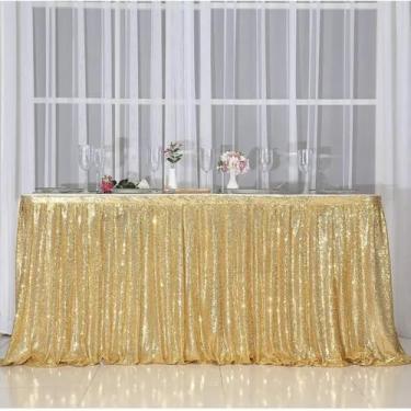 Imagem de Saia de mesa longa com lantejoulas em tom blush, saia de poliéster para decoração de festas e eventos de casamento, dourada, 17 pés, 5,1 m de comprimento