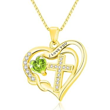 Imagem de VANAODUC Colar feminino com cruz infinita com pedra do mês de nascimento, ouro 14K, ouro branco 18K, ouro rosa, pingente feminino I Love You, presente de aniversário e Natal para sua mãe e esposa