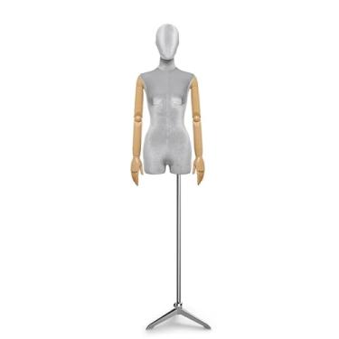 Imagem de Mannequin Manequins de varejo com corpo sexy, suporte de metal, braços de madeira que podem girar e posar, altura ajustável de 62,2 a 78,7 pol., torso de veludo(Gray,Triangle)