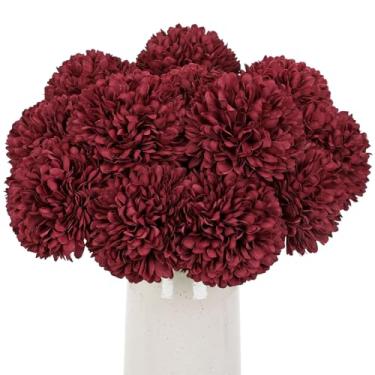 Imagem de Briful 12 hastes artificiais de crisântemo bordô – cabeças de flores de seda de 28 cm de altura com folhas verdes, hastes flexíveis para arranjos florais de outono, casa, casamento e decorações