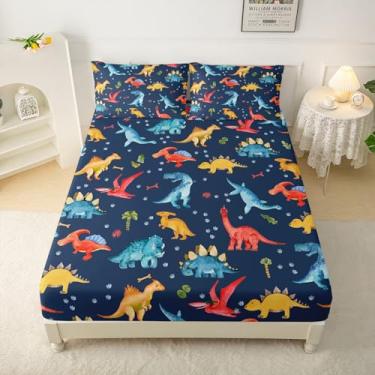 Imagem de QOOMO Jogo de lençol Queen com desenho animado de dinossauro, estampa de dinossauro, colorido, 4 peças, com 1 lençol com elástico, 1 lençol de cima, 2 fronhas para meninos e meninas e adolescentes