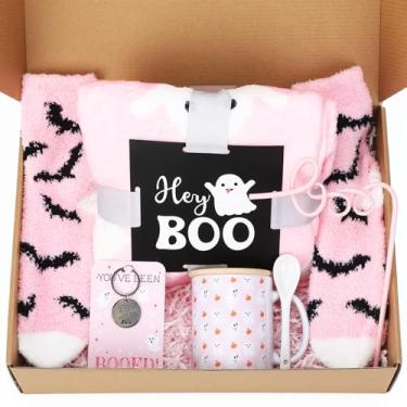 Imagem de Mimorou Conjunto de 7 peças de cestas de Halloween rosa boo conjunto de presentes para mulheres cobertor de flanela quente fantasma fofo caneca de café xícara chaveiro fantasma boo palha caixa de