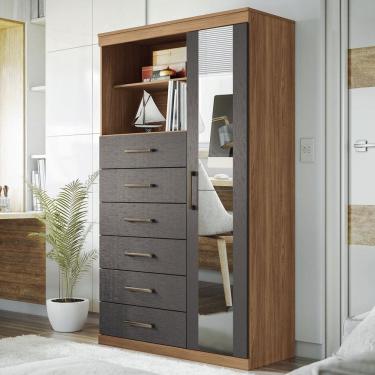 Imagem de Cômoda Marabá 1 Porta 6 Gavetas com Espelho Jatoba/Grafite 309643 - Santos Andirá