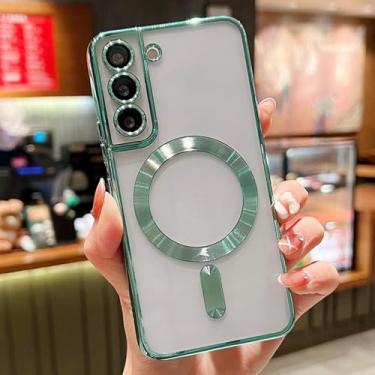 Imagem de HJZSZX Para S23 Ultra Luxury Plating Clear Magnetic Wireless Charge Case Silicone Cover (Para S23 Ultra/Verde)