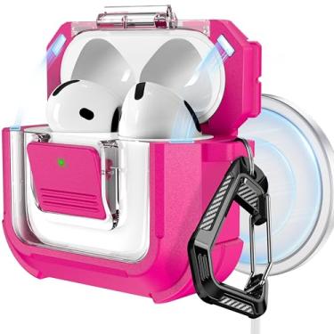 Imagem de RFUNGUANGO Capa protetora compatível com AirPods 4ª geração, compatível com Magsafe, trava automática magnética, com kit de limpeza, adequada para capa protetora Airpods 4 (2024) - Rosa vermelha