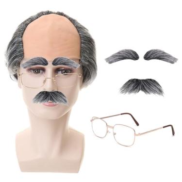 Imagem de Tatibana Peruca de homem velho cinza careca avô usando óculos barba e sobrancelhas, fantasia masculina cosplay de Halloween engraçado peruca cinza velho, com cabelo na lateral peruca de avô careca
