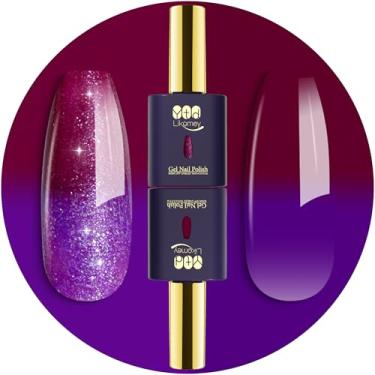 Imagem de YTD Likomey Conjunto de esmalte de gel, kit de gel de 15 ml de roxo para vermelho vinho escuro, cor pura e glitter para unhas, ombré térmico, muda de cor, translúcido, manicure, UV, 2 peças, 14,2 g