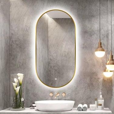 Imagem de Espelho De Banheiro Led Oval, Espelho De Maquiagem Com Temperatura De 3 Cores, Espelho Iluminado Regulável Retroiluminado, 40x60cm; 40x80cm; 50x70cm; 50x80cm; Espelho De Parede, Black, 40x80cm