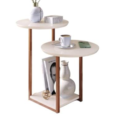 Imagem de Mesa Apoio Lateral Sala com 2 Tampos Pés de Ferro Industrial(LUIZA - OFF WHITE/ROSE GOLD)