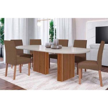 Imagem de Conjunto: Mesa de Cozinha Ester Tampo Madeirado Oval c/ Vidro 210x100cm e 6 Cadeiras Maia Cinamomo/Off White - Suede Mascavo Chocolate - Cimol