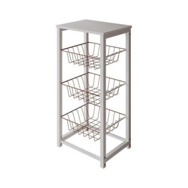 Imagem de Fruteira De Chão Cozinha Desmontada Aço Branco Cesto Cobre Tampo Branc