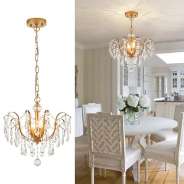 Imagem de MERCASA Lustre de cristal dourado gota de chuva para sala de jantar pequena 4 luzes modernas cristais K9 luminária pendurada para cozinha, entrada, corredor, largura 40,6 cm