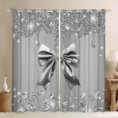 Imagem de Cortinas blackout com nó de laço cinza para sala de estar, cortinas de janela de diamante com glitter cinza 2 painéis 106 cm L L x 233 cm C cm, laço de fita fofa cintilante aquarela laço cinza