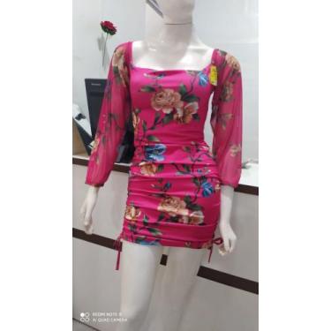 Imagem de Vestido feminino estampa 3D com fenda na lateral e ombreiras com detal