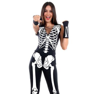 Imagem de Fantasia Halloween Feminina Esqueleto Luxo Macacão c/ Luvas