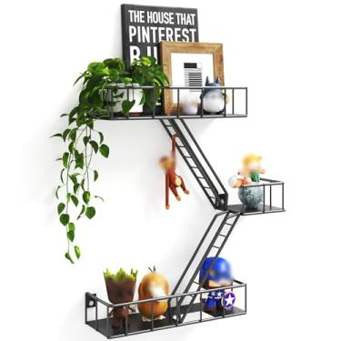 Imagem de Prateleira de parede Fire Escape com cestas, organizador de parede de escada de metal de 3 camadas, prateleira decorativa inspirada em Nova York, prateleiras de exibição de estatueta de ação flutuante preta para quarto, decoração de casa.