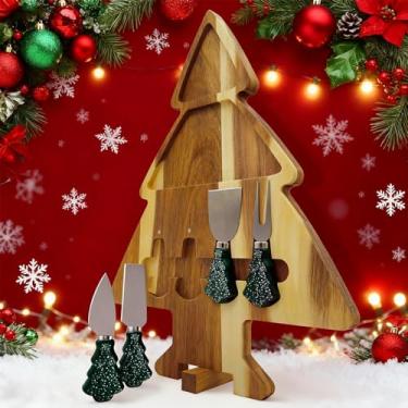 Imagem de Conjunto de tábua de charcutaria de árvore de Natal de 43 cm – Bandeja de servir e tábua de corte de madeira de acácia dupla face com 4 facas magnéticas, base rotativa – Travessa de queijo festiva