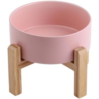 Imagem de DJJJOOYS Tigela para cães de cerâmica levantada/elevada rosa para raças de tamanho médio e grande, tigela de água com suporte, 15 cm, peso pesado, antiderrapante, 3,6 xícaras