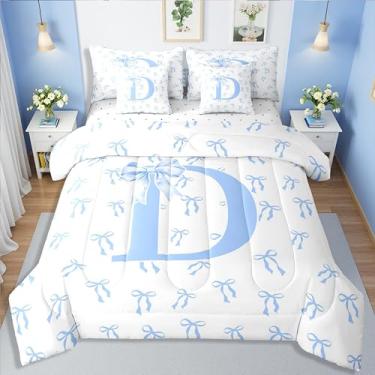 Imagem de Erosebridal Conjunto de edredom solteiro com laço de princesa feminino, 7 peças, azul, letra D, romântico, monograma, para crianças, meninas, conjunto de cama simples com nó de aquarela