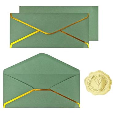 Imagem de Pacote com 30 envelopes de negócios nº 10 com borda dourada e adesivos, envelopes padrão autoselados de 24 x 10 cm para escritório, cartas, cheques, faturas, documentos (verde sálvia)